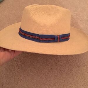 Authentic Vintage Panama Straw Fedora Hat with Blue and Red Band